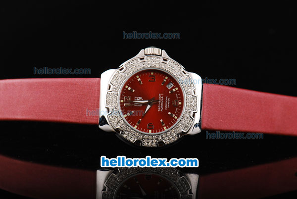 Tag Heuer Formula 1 Quartz Movement Silver Case with Diamond Bezel-Red Dial and Red Leather Strap-Lady Size - Click Image to Close